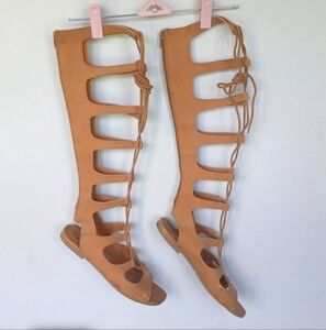 Gladiator Sandals Tan Faux Leather Lace Up Knee High Summer Shoes 8.5